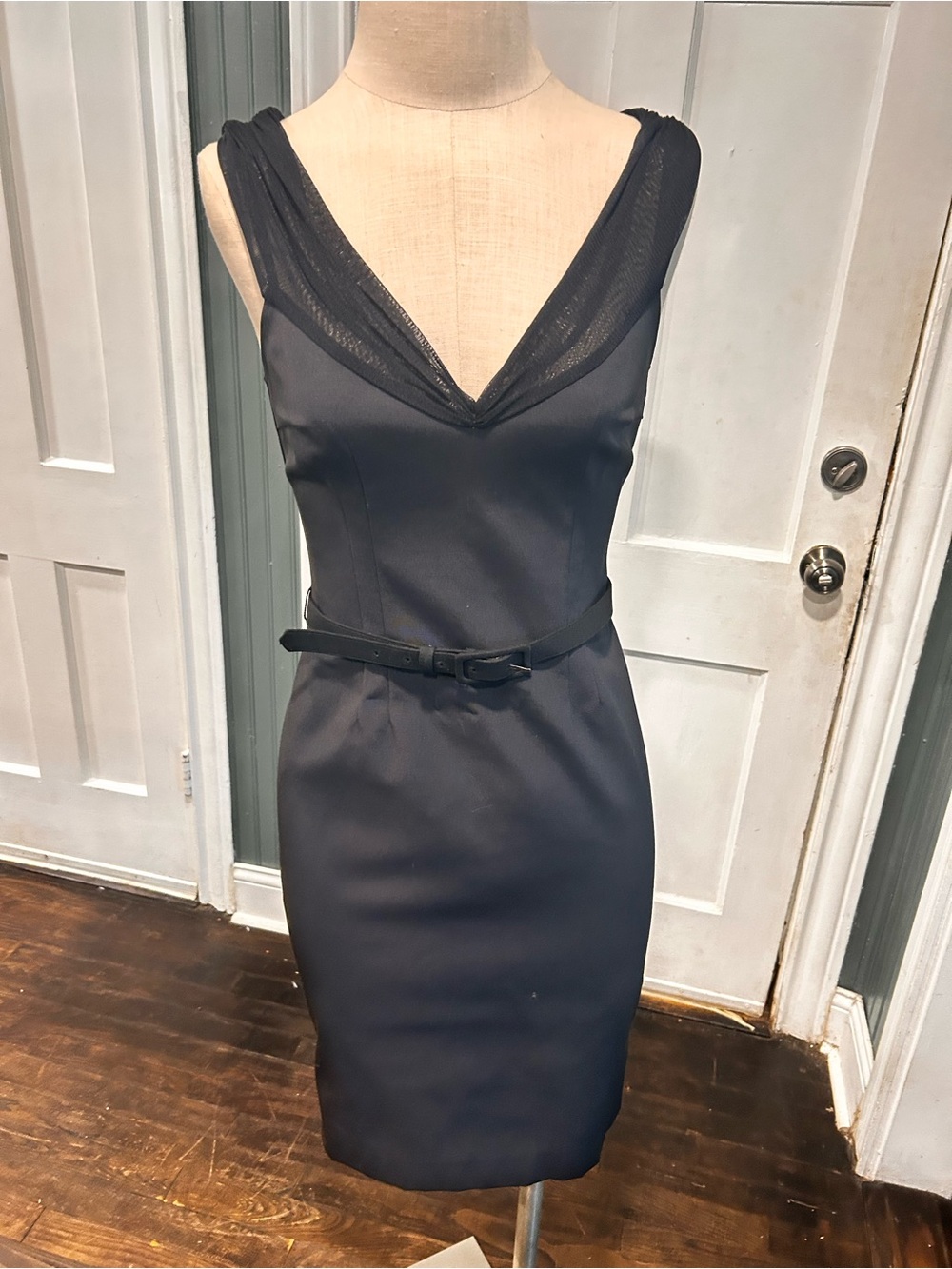 Maria Bianca Nero Classic Black Sheath Dress with Mesh V-Neck, NWT